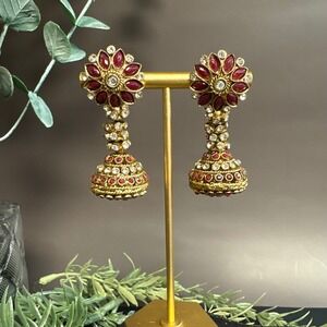 Gold Tone Jhumka Earrings Red Rhinestone | Indian Style Drop Earrings | Boho